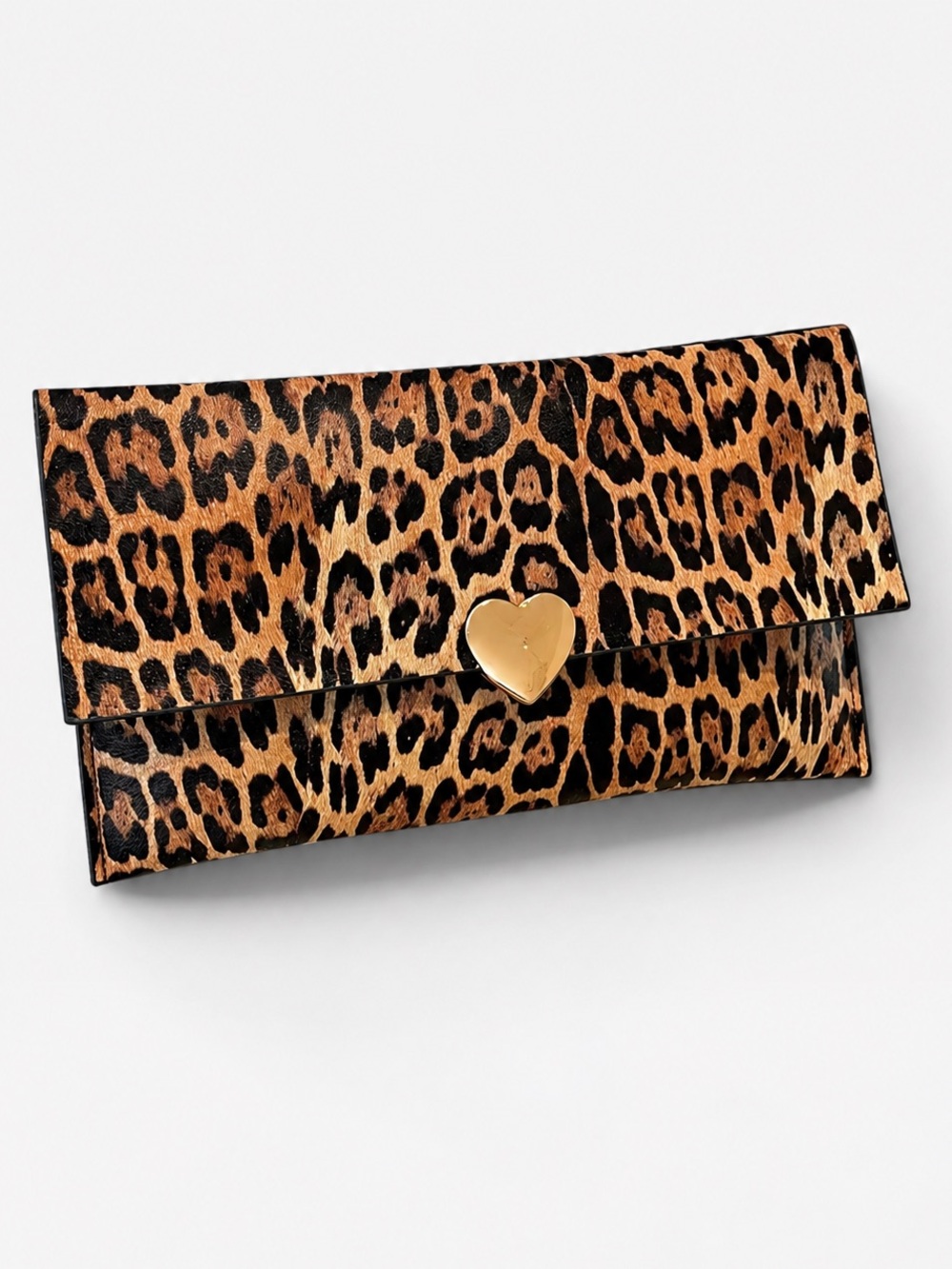 Leopard Print Envelope Clutch with Gold Heart Clasp - Brown Faux Leather